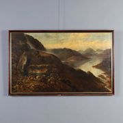 Old painting of a mountain landscape with a lake, oil on canvas 1890