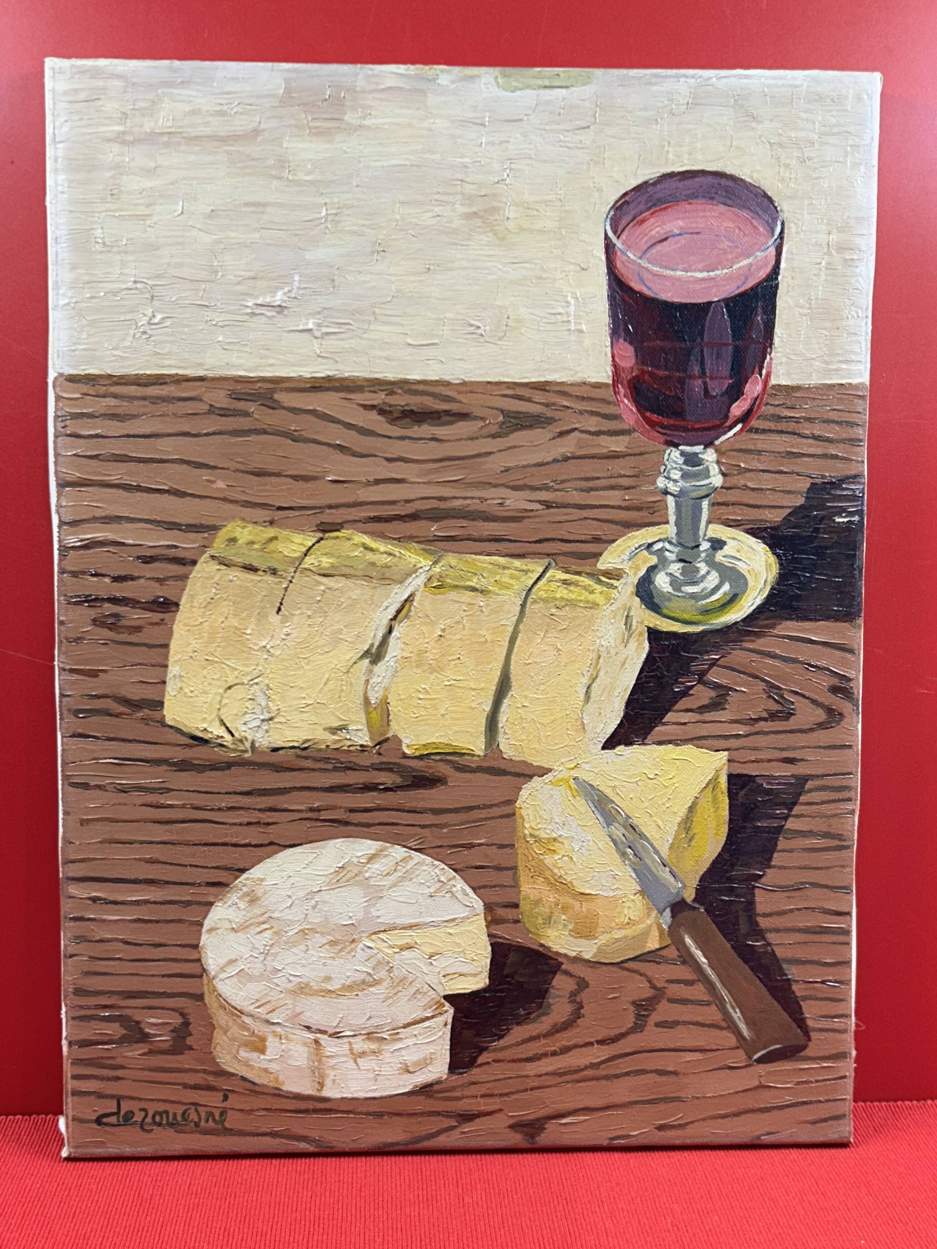Oil/canvas Still life Snack camembert, bread red wine Derouesné
