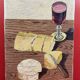Oil/canvas Still life Snack camembert, bread red wine Derouesné