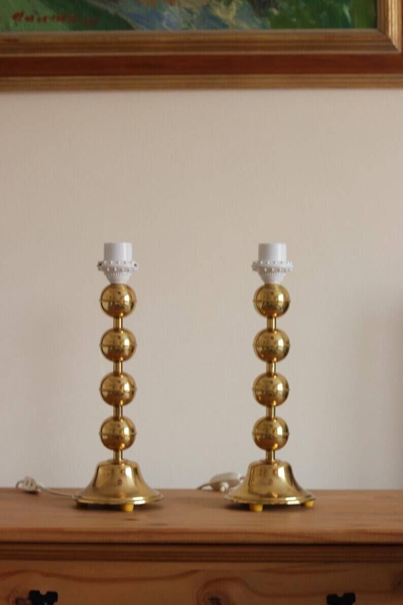 Pair of Vintage Swedish Table Lamps in Polished Brass, Signed Aneta