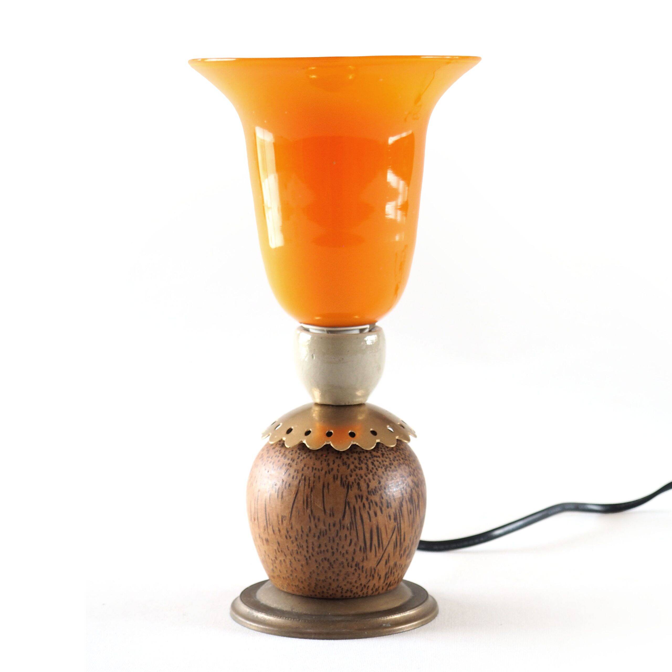 Orange glass ball lamp with wood