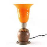 Orange glass ball lamp with wood
