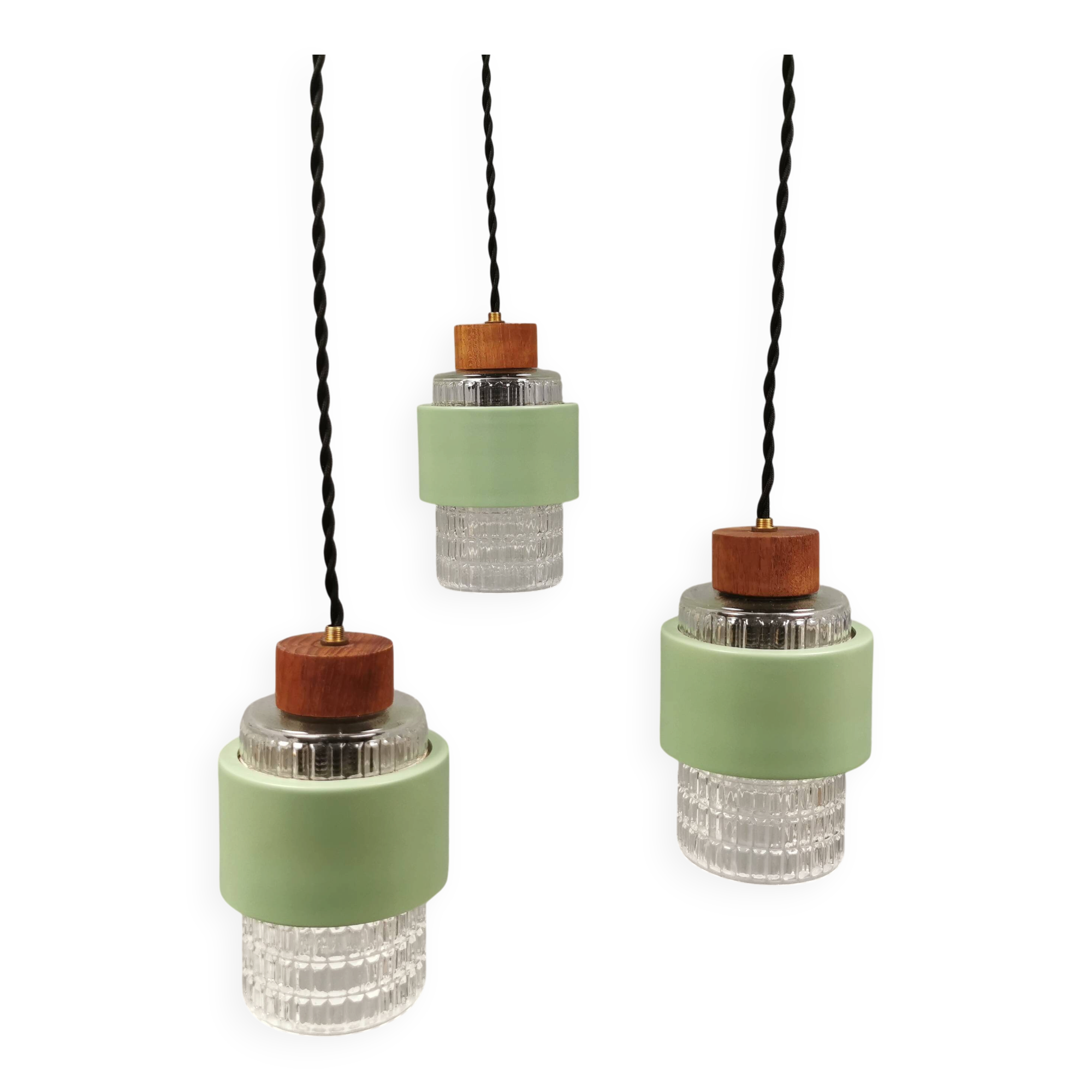 Three-part pendant in crystal glass, teak wood, and thin dusty green metal
