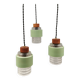 Three-part pendant in crystal glass, teak wood, and thin dusty green metal
