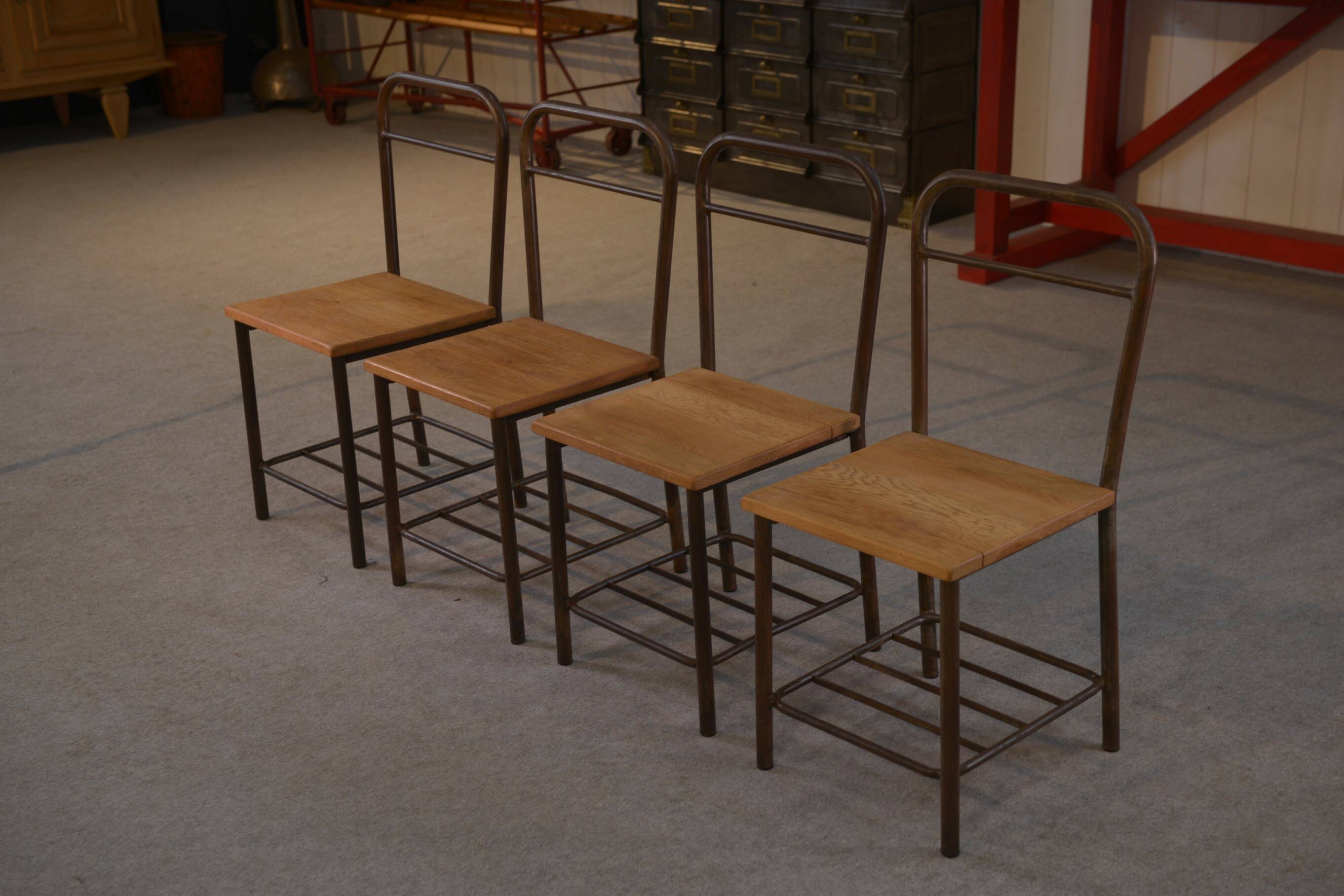 Set of 4 industrial oak chairs, 1950