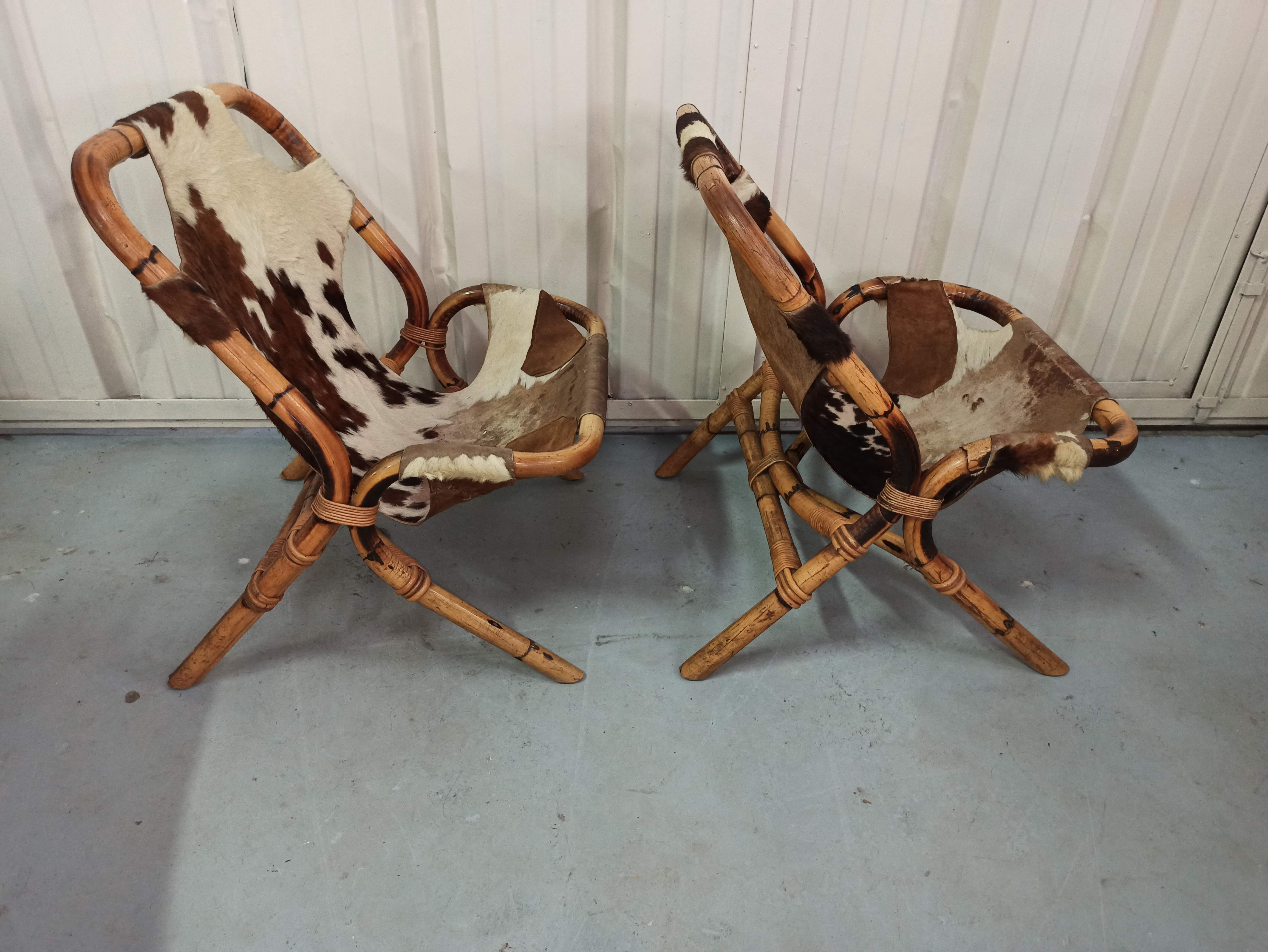 Pair of armchairs bamboo leather skin rohé noordwolde