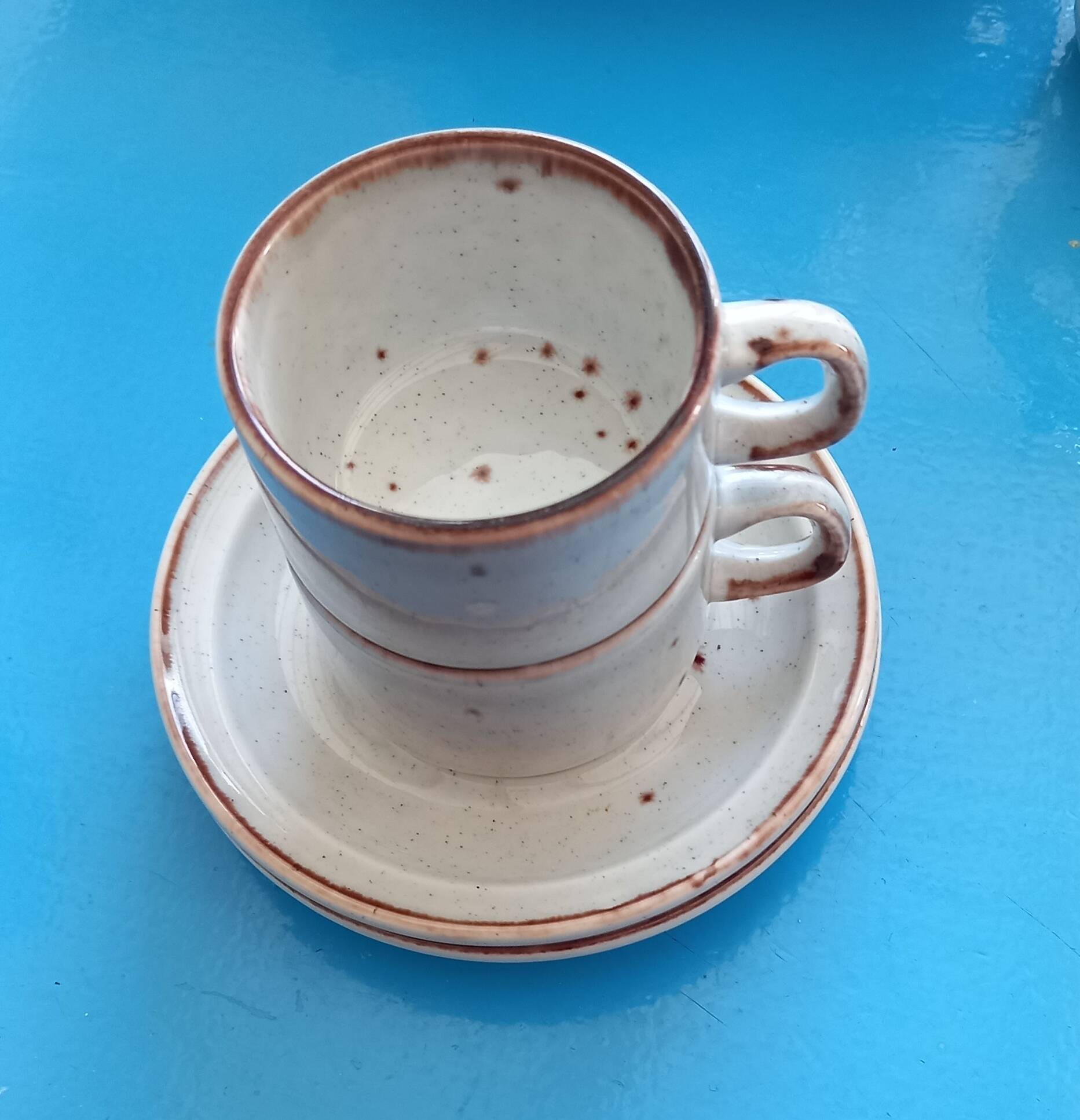 2 enameled stoneware espresso cups and saucers - France, 70s/80s