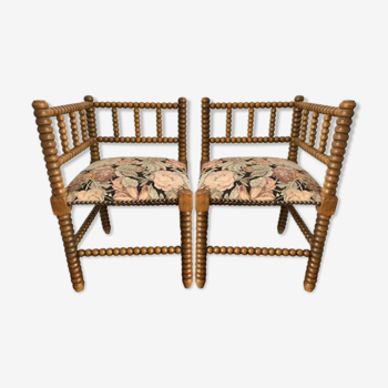 Pair of antique corner chairs in turned wood and fabric seats