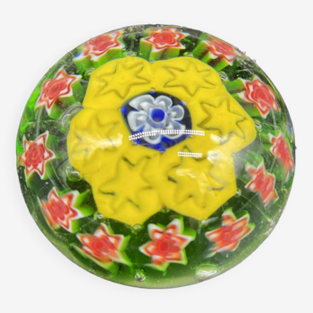 Sulfide, murano crystal paperweight, millefiori decoration, colorful circular shapes, italy