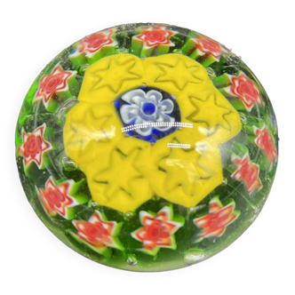 Sulfide, murano crystal paperweight, millefiori decoration, colorful circular shapes, italy