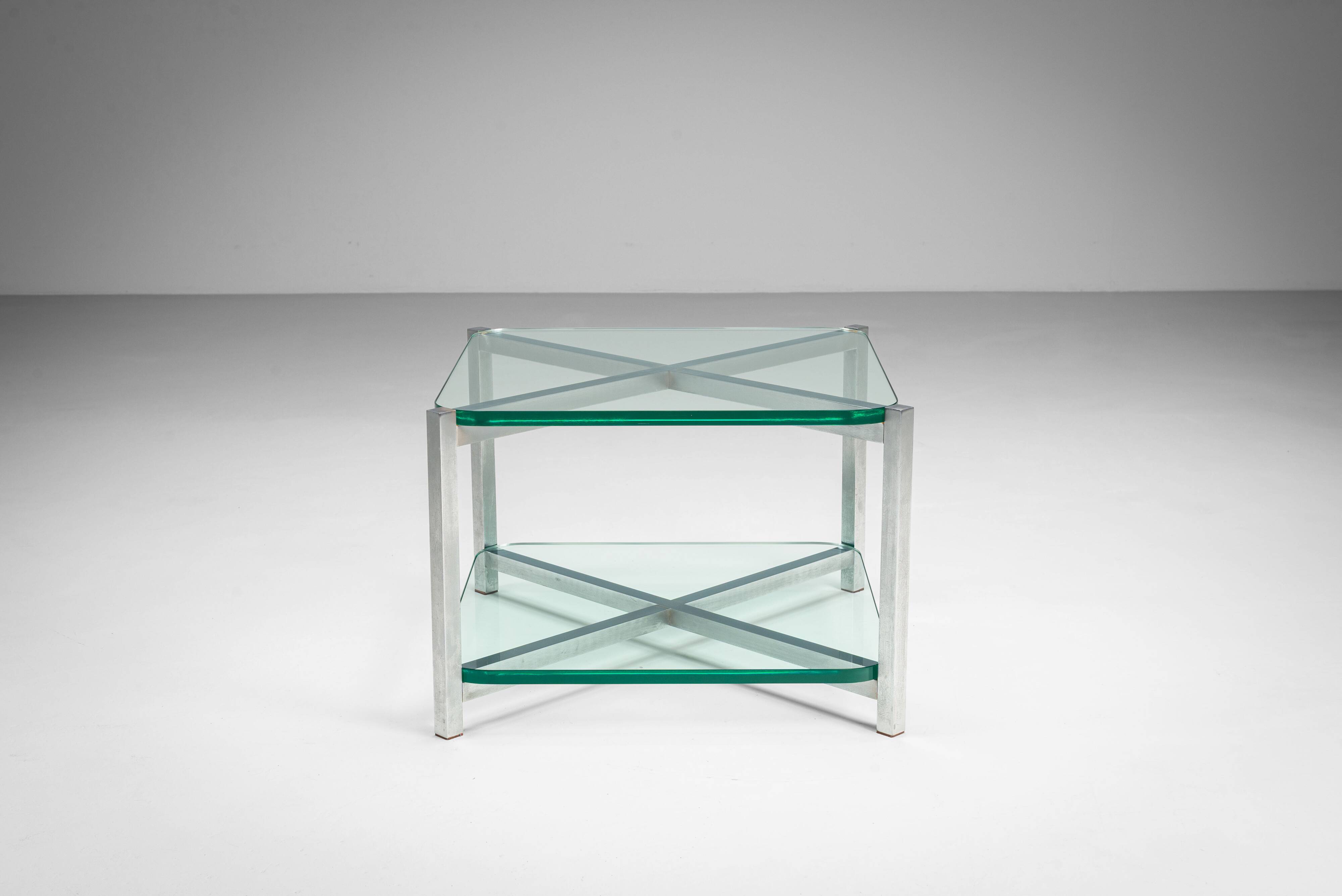 Two-tier glass side table with aluminium frame
