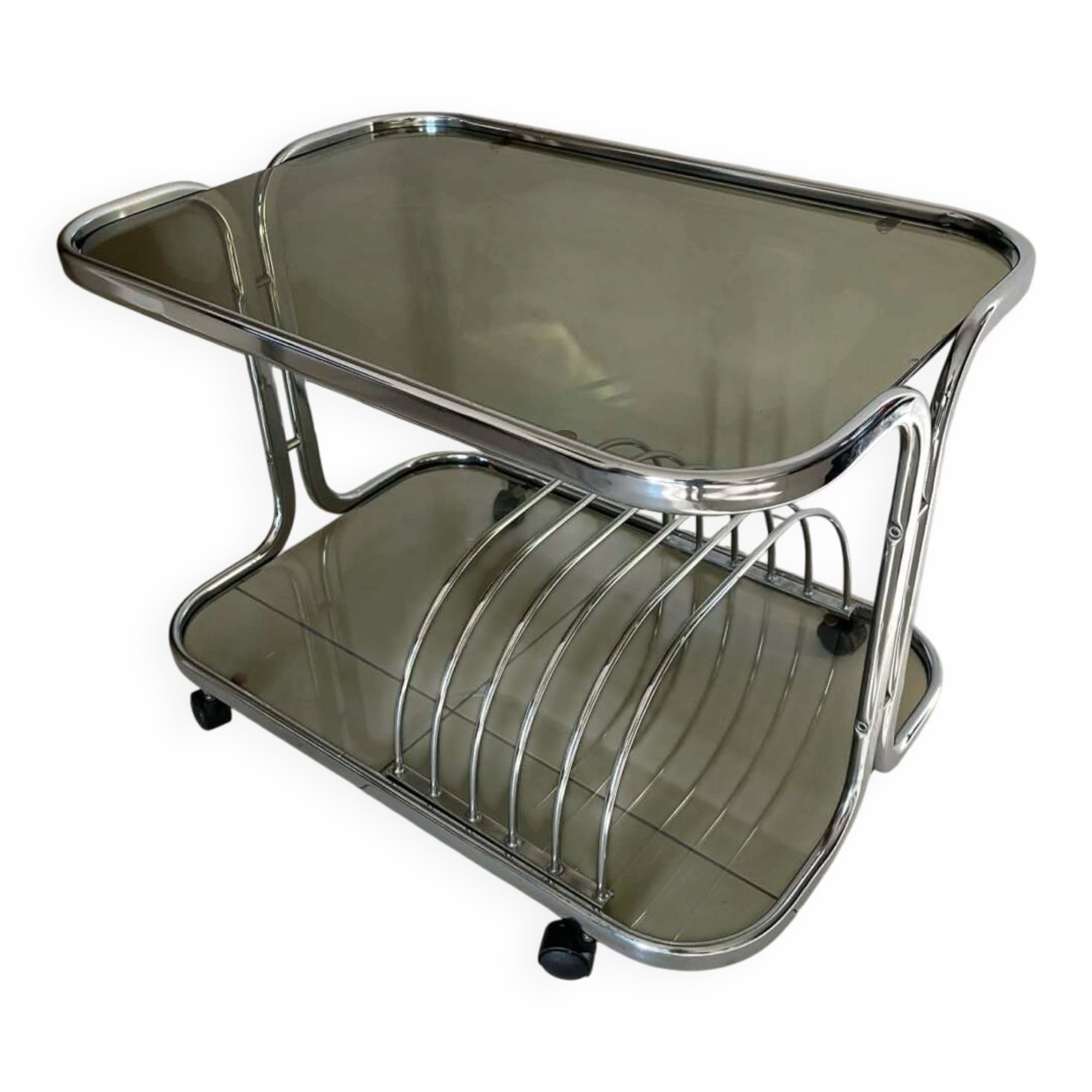 1970s chrome and smoked glass side table with magazine and vinyl rack.