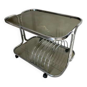 1970s chrome and smoked glass side table with magazine and vinyl rack.