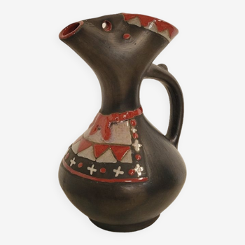 Vase ou pichet zoomorphe vintage en céramique noir et rouge années 60