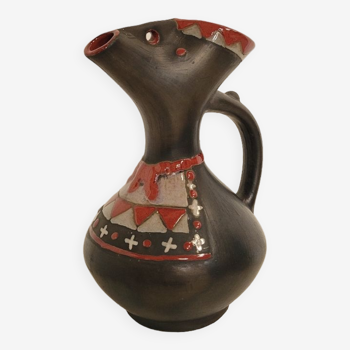 Vintage zoomorphic vase or pitcher in black and red ceramic from the 60s