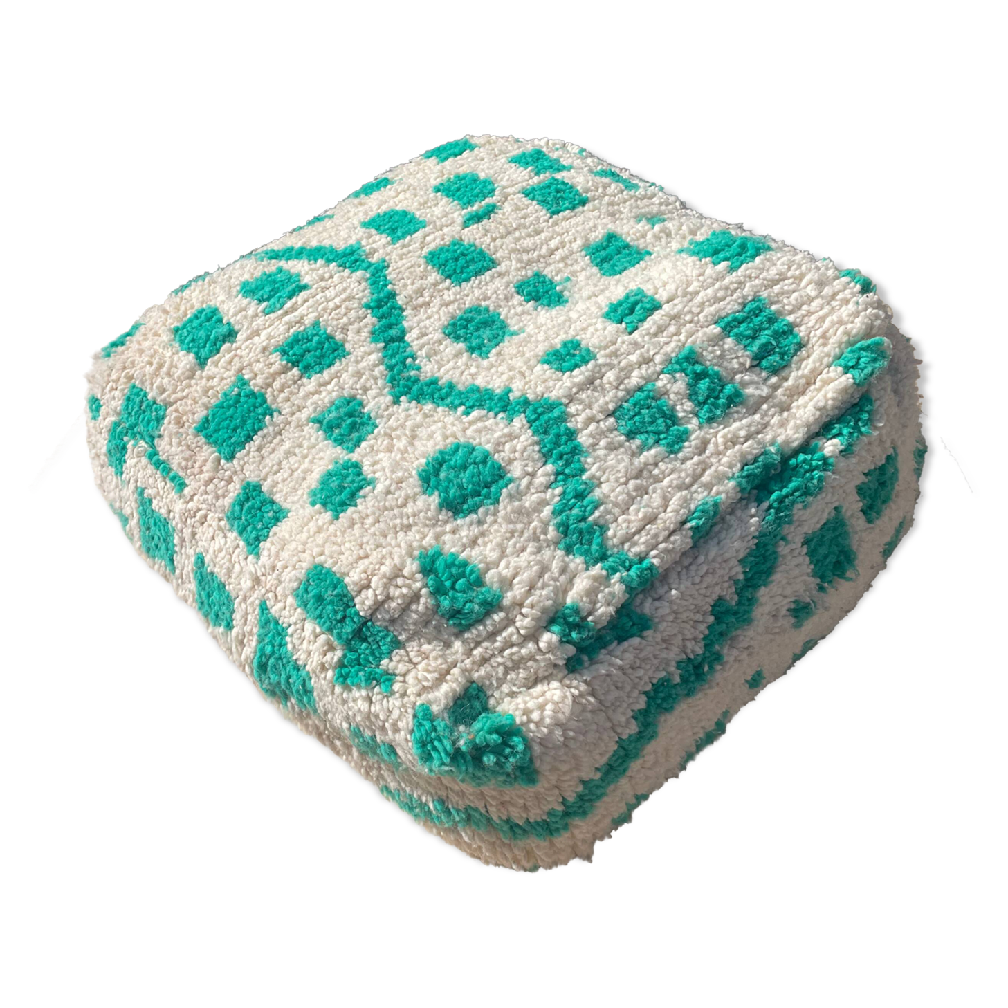 Checkered wool pouf – turquoise and white