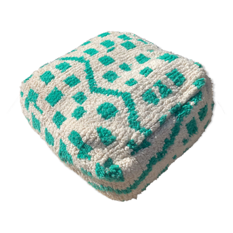 Checkered wool pouf – turquoise and white