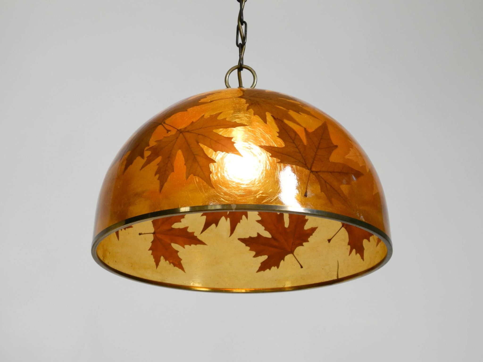 Rare, large 1970s Italian resin pendant lamp with embedded maple leaves