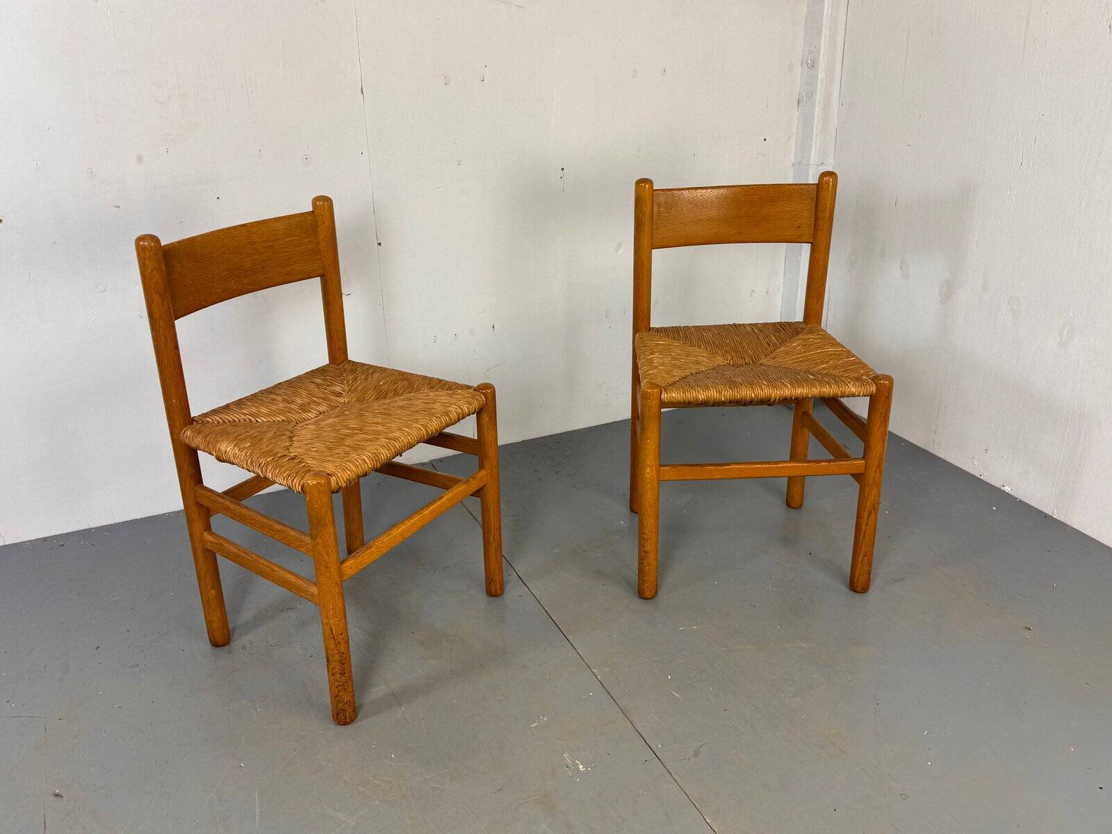 Vintage oak and rush chairs by J Van Heuvel for Advorm, 1950s, set of 2