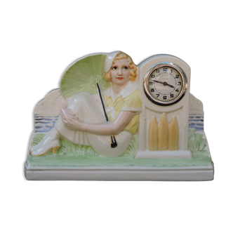 Art Deco ceramic clock " Woman has the umbrella " Sarreguemines