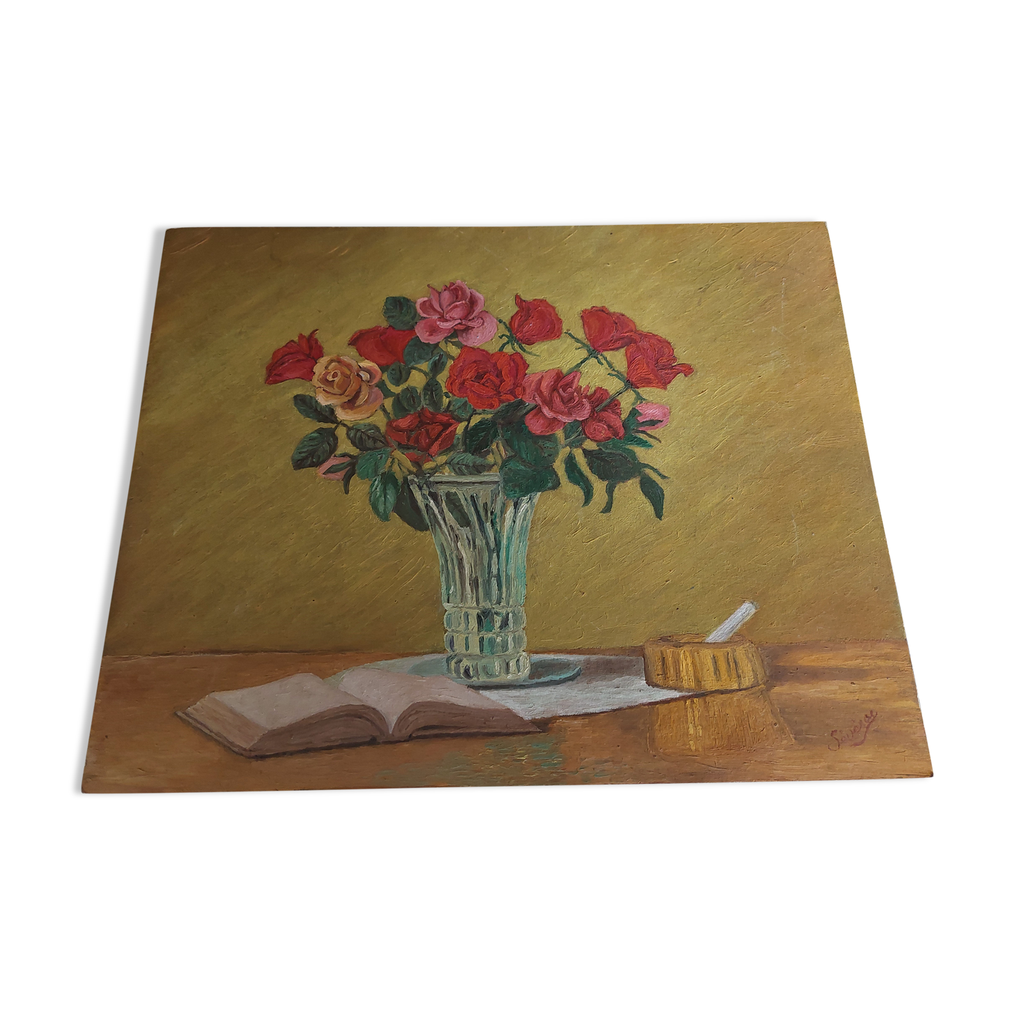 Oil on cardboard table bouquet of flowers
