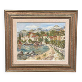 Original Swedish Oil on Panel – "Coastal Village" by KEWE – Signed – Dated 1984 – Framed – 75 × 64 cm (29.5" × 25.2")