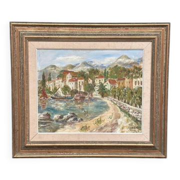 Original Swedish Oil on Panel – "Coastal Village" by KEWE – Signed – Dated 1984 – Framed – 75 × 64 cm (29.5" × 25.2")