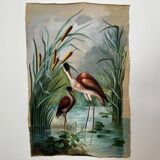 Oil on canvas still life depicting pink flamingos