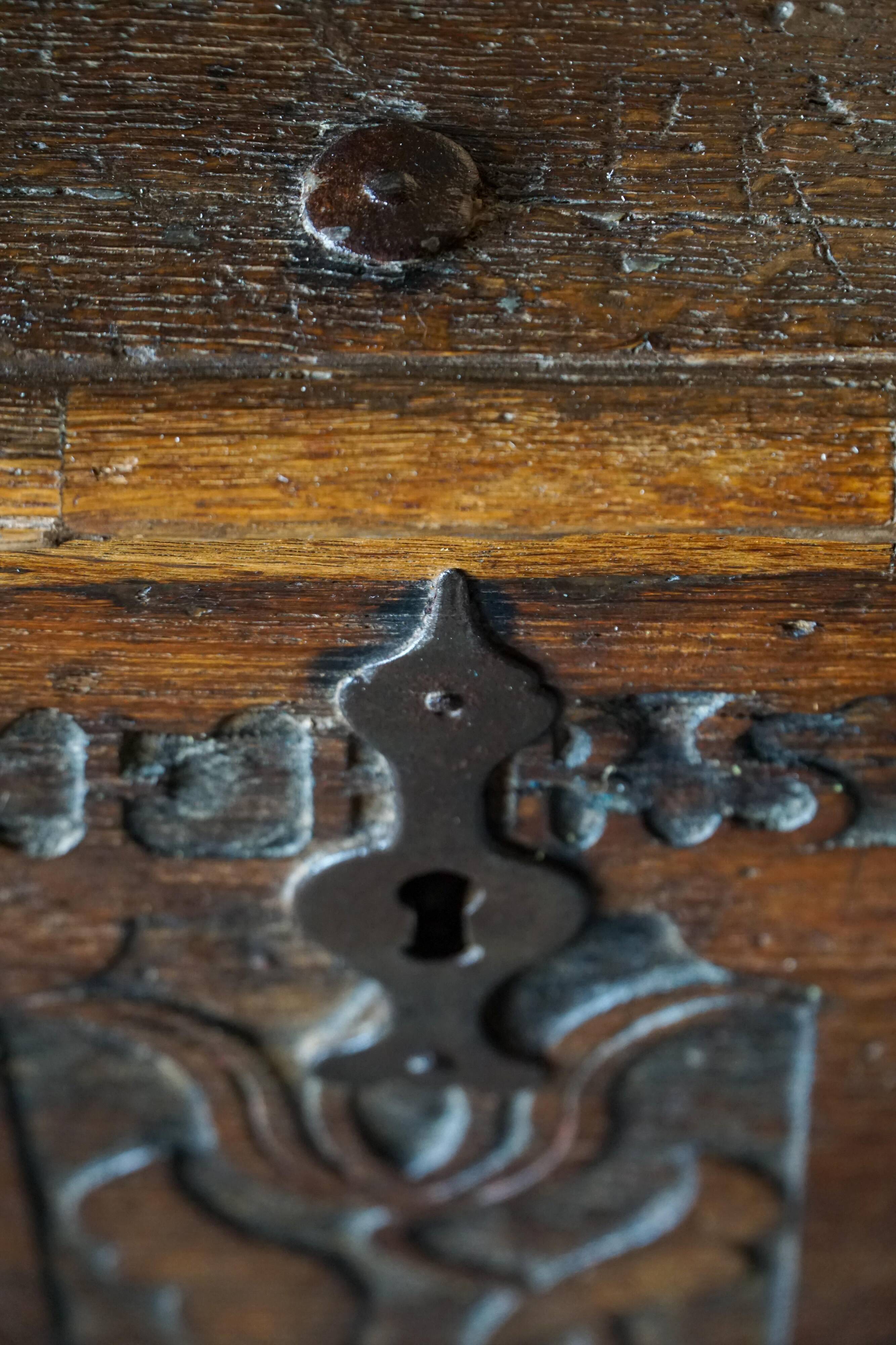 18th-century Scandinavian popular art oak chest with carved panels, dated 1764.