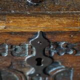 18th-century Scandinavian popular art oak chest with carved panels, dated 1764.