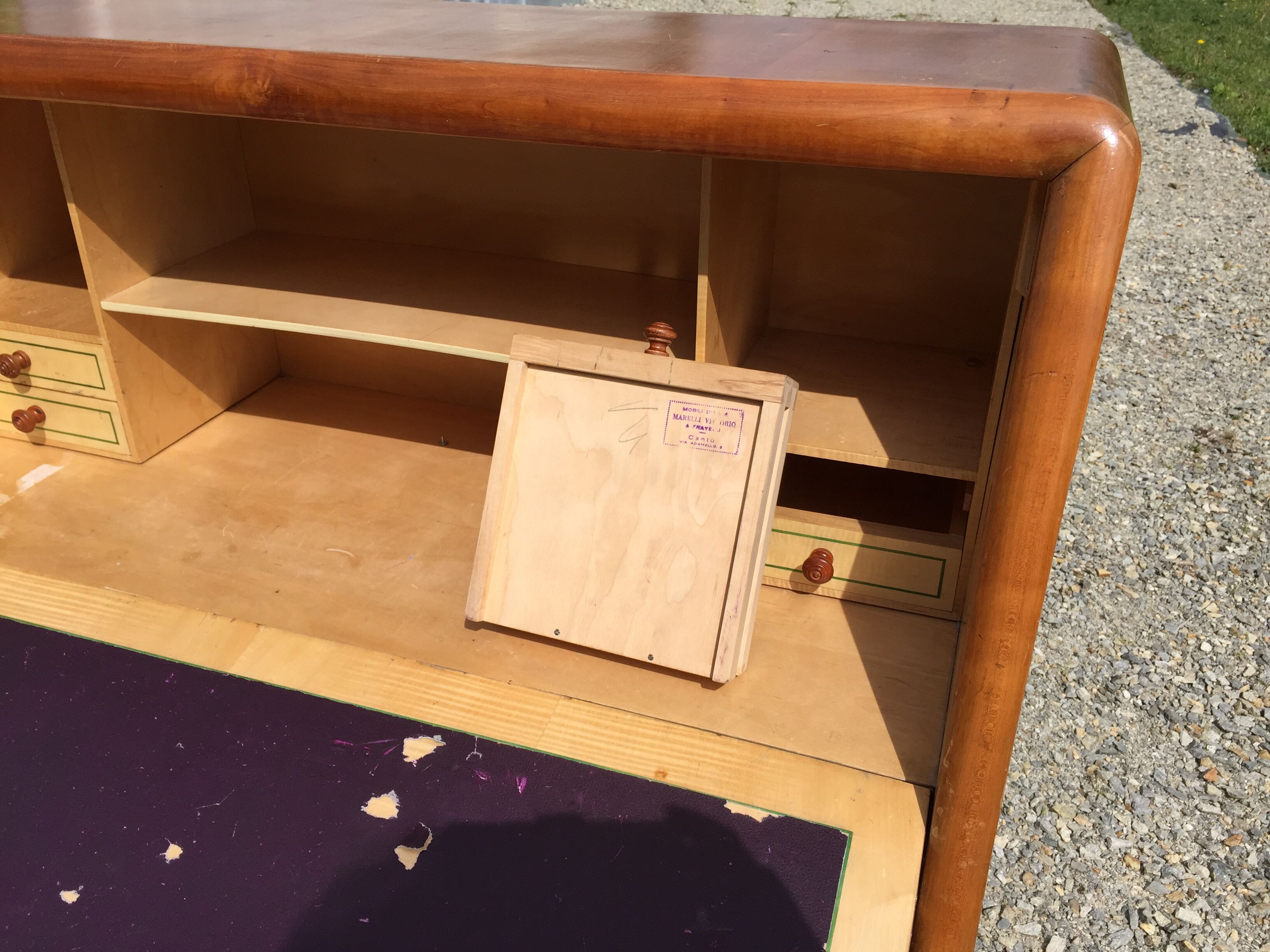 Vintage secretary desk, known as donkey's back, in cherry wood, Italian by Marelli & Fratelli.