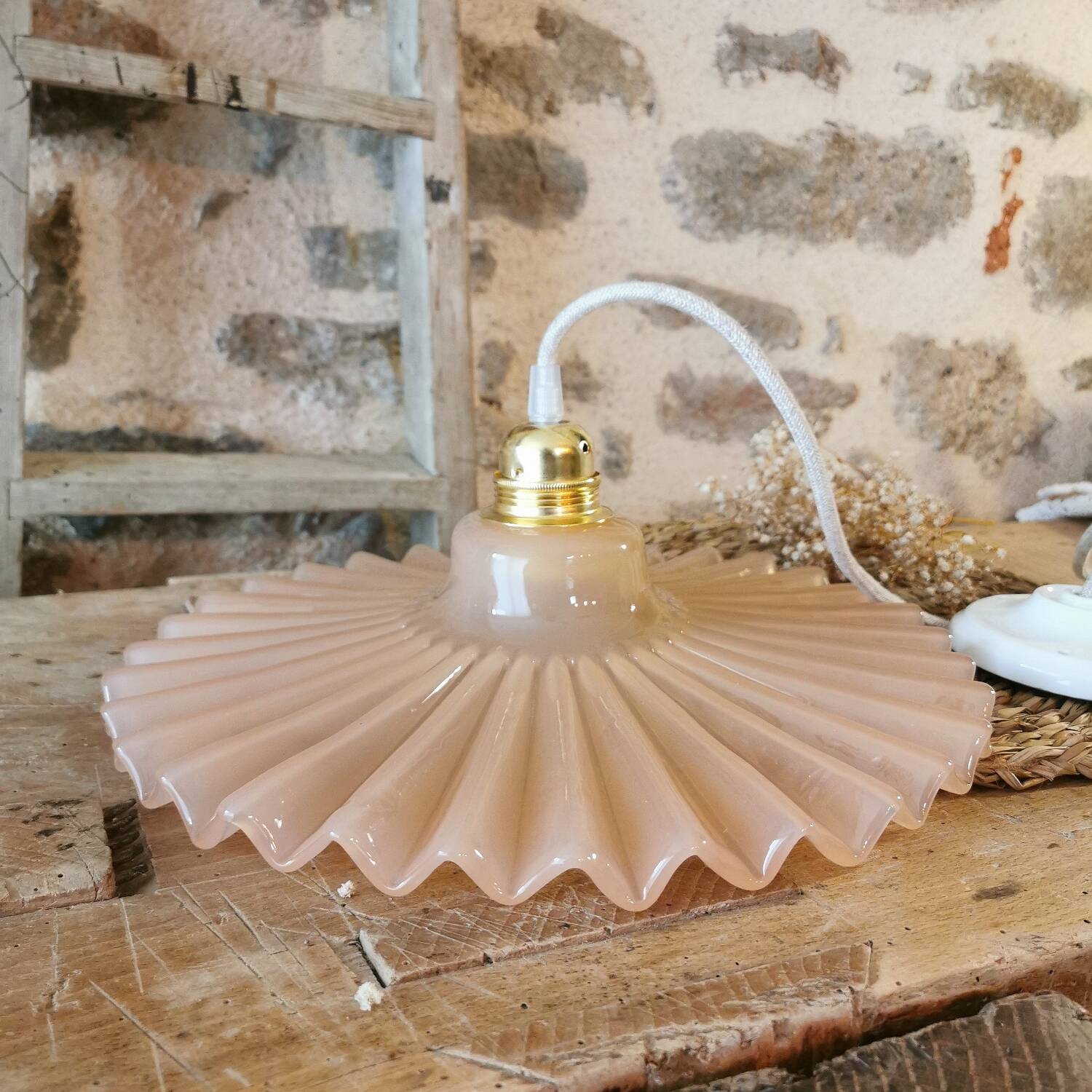 Vintage opaline pink pleated molded glass pendant light