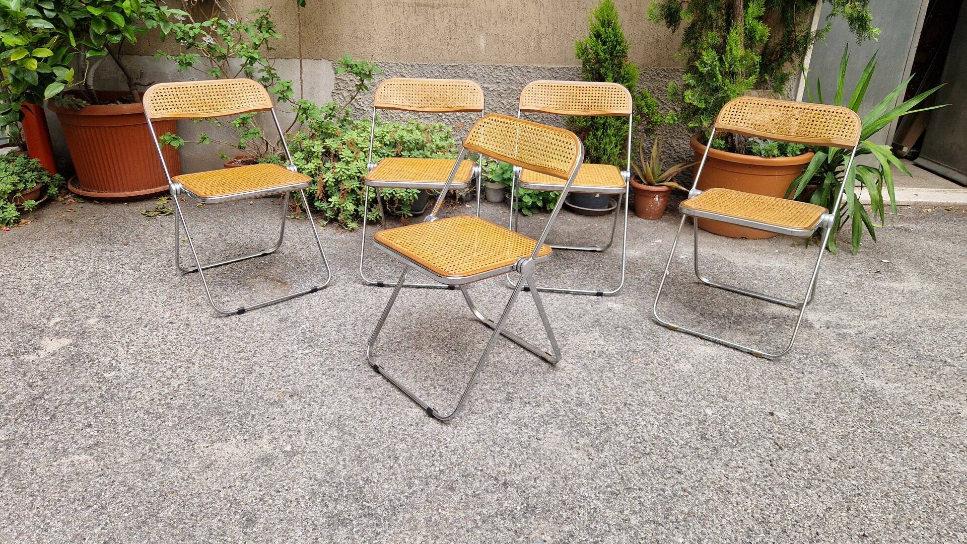 Vintage Plia Folding Chair in Vienna Straw by Giancarlo Piretti for Anonima Castelli, 1970s, Set of 5