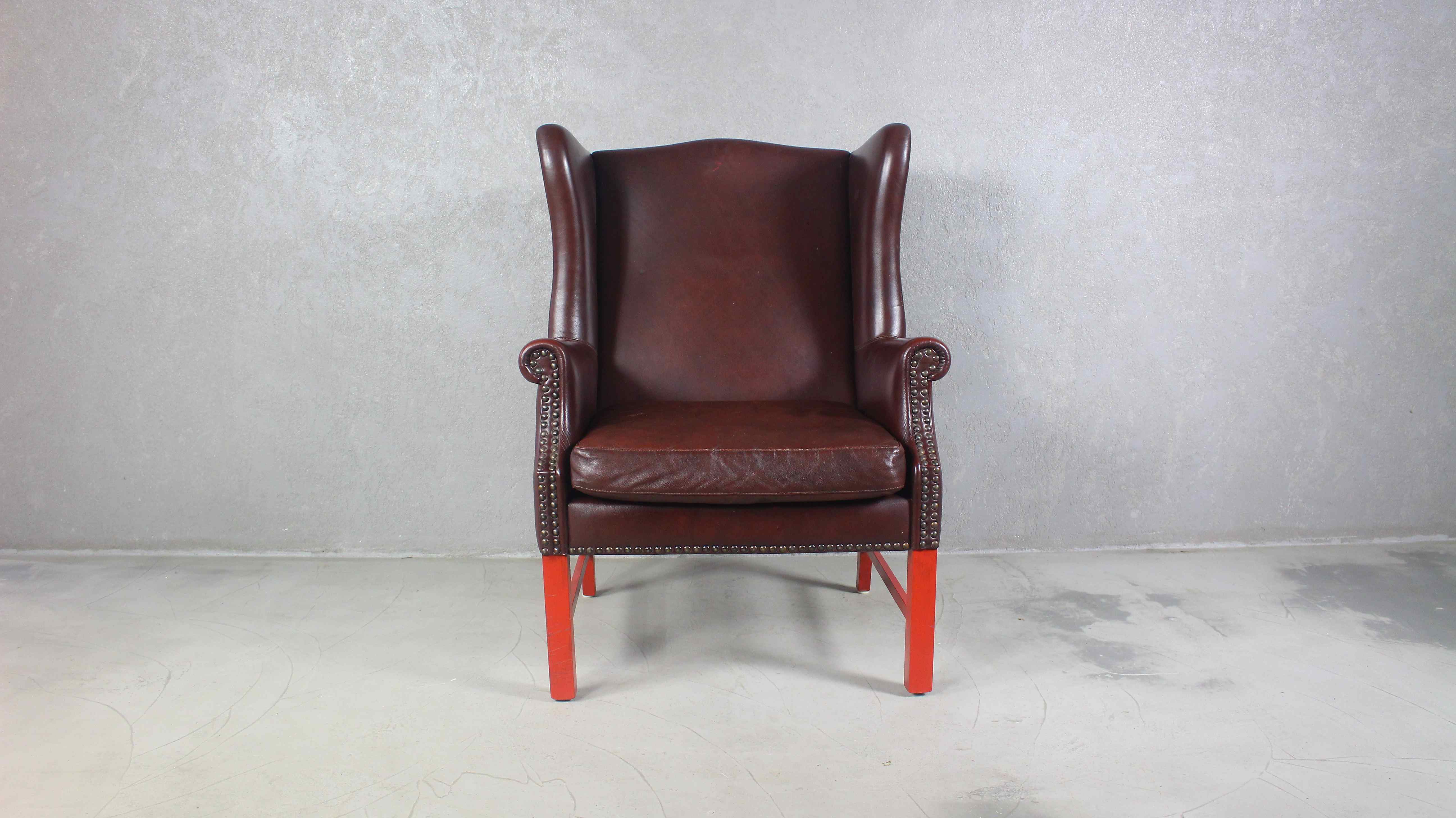 English Georgian Style Brown Leather Wingback Armchair