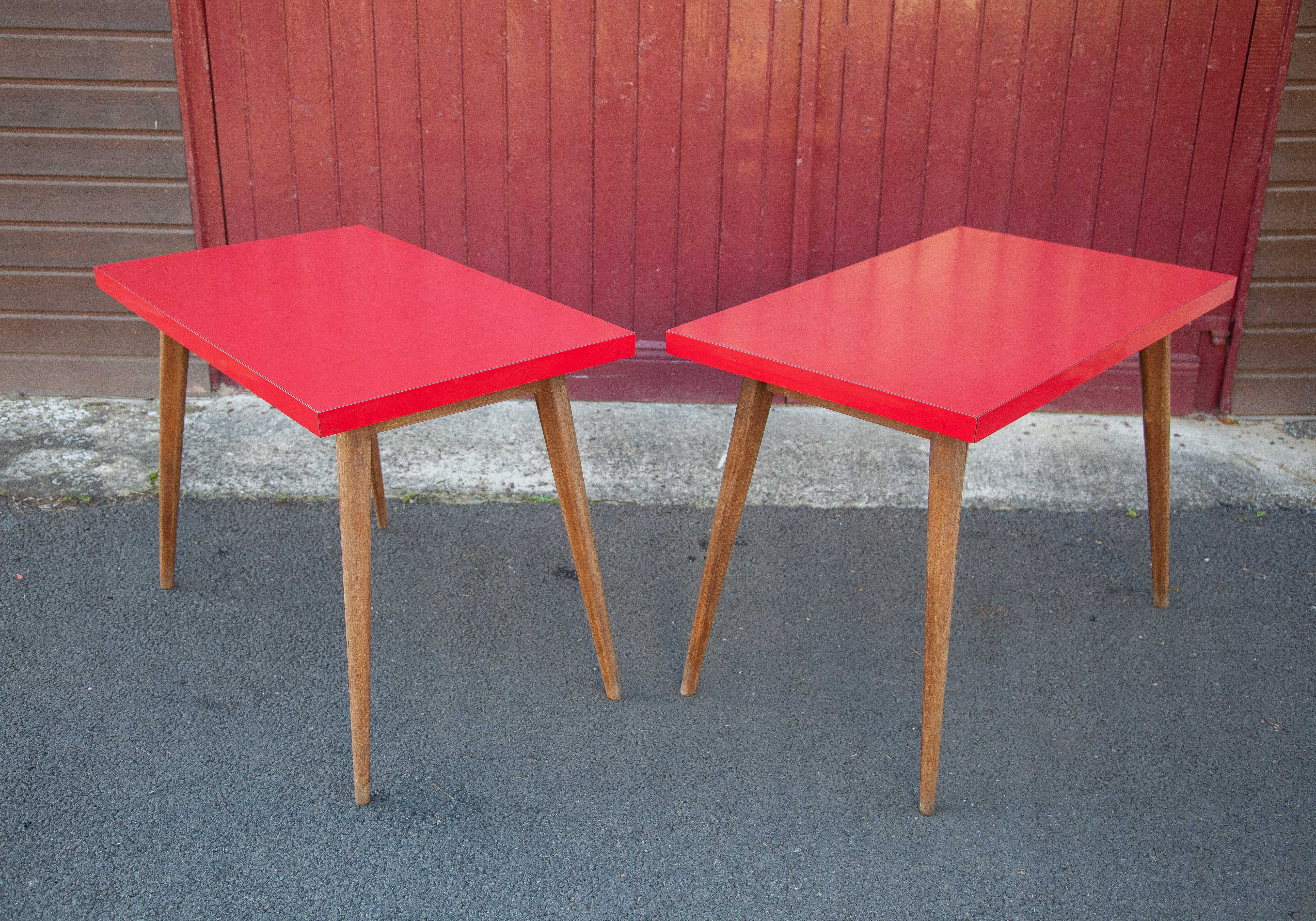 Vintage bistro table, wooden table and red formica feet compass, kitchen, countryside