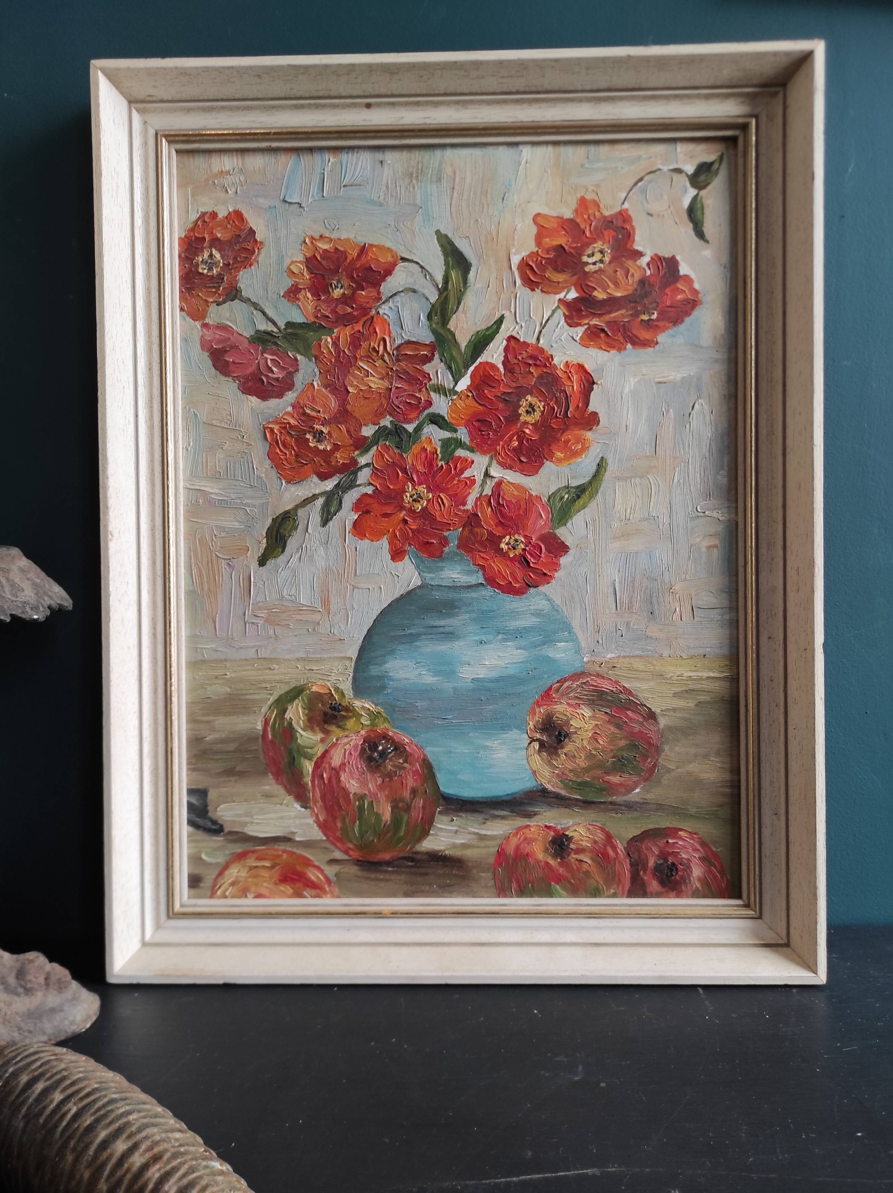 Vintage French oil painting of flowers
