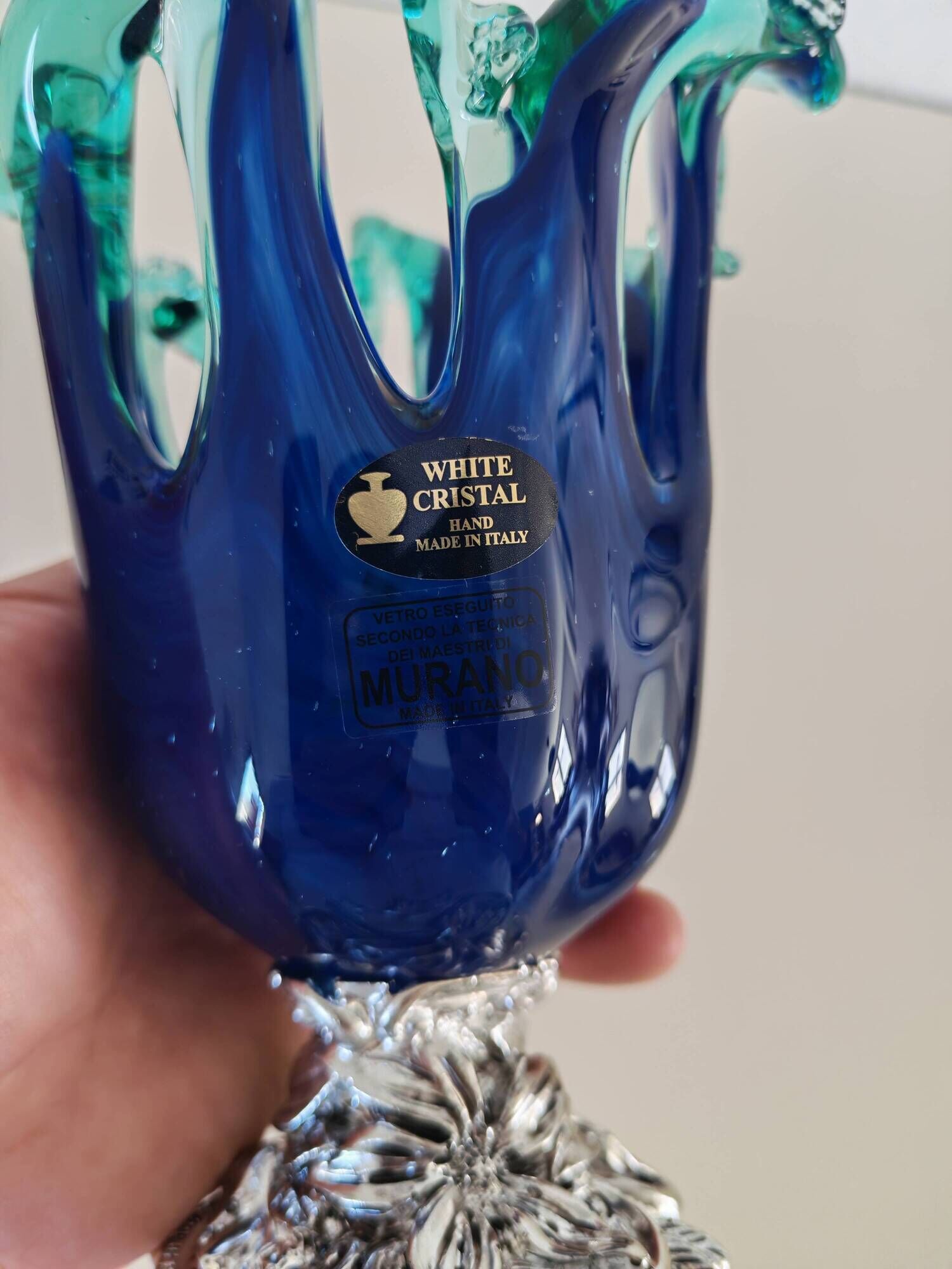 Cobalt blue & turquoise Murano vase - Italian blown glass - White Cristal