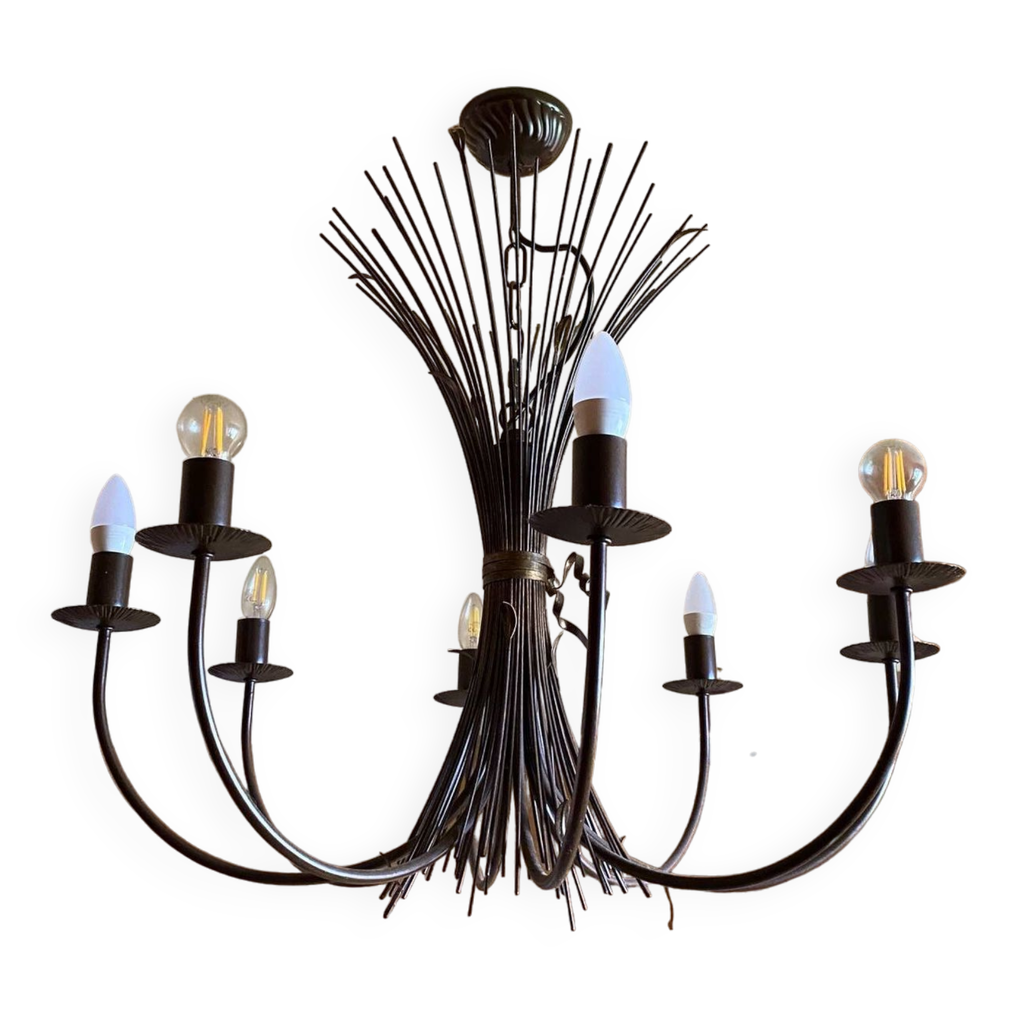 Grand lustre gerbe de ble en fer forge 8 feux