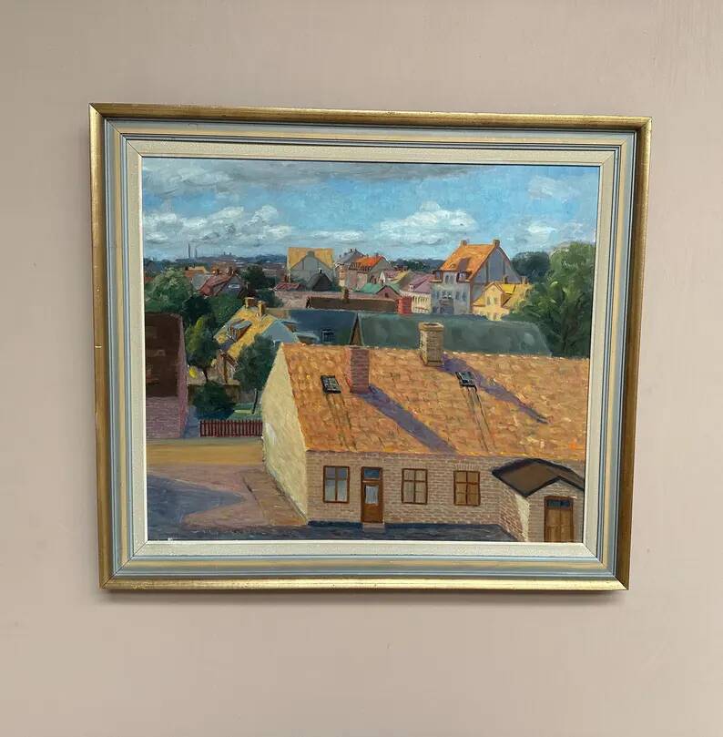 Large Original Swedish Oil on Panel – "Urban Landscape" by Wilhelm Matton – Signed – Dated 1947 – Framed – 83 × 73 cm (32.7 in × 28.7 in)