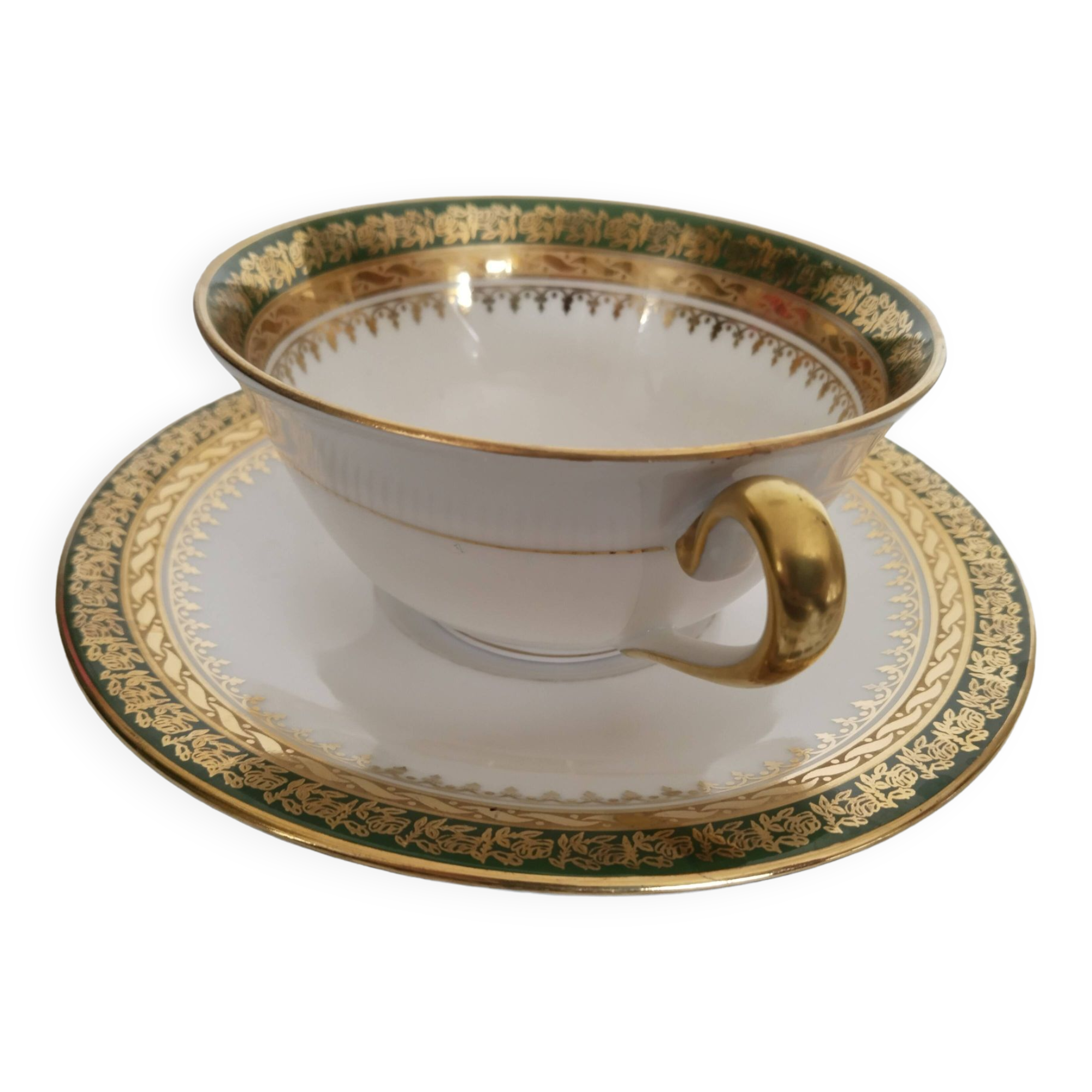 Limoges porcelain tea or chocolate cup, green and gold