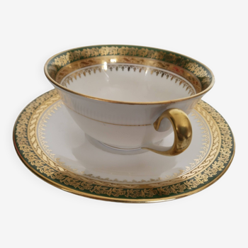 Limoges porcelain tea or chocolate cup, green and gold