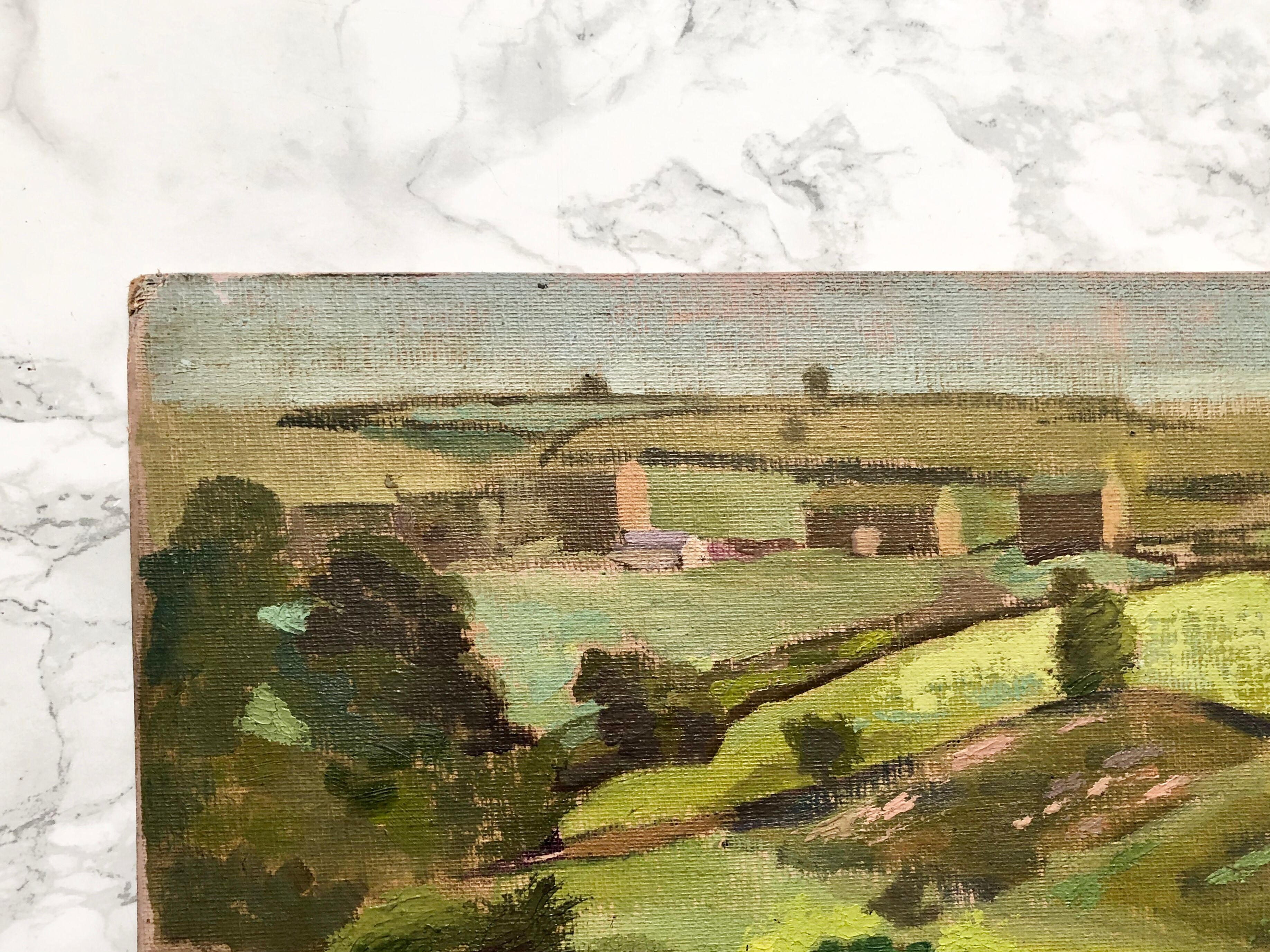 Oil on old cardboard depicting a hilly country landscape