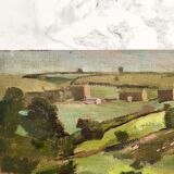 Oil on old cardboard depicting a hilly country landscape