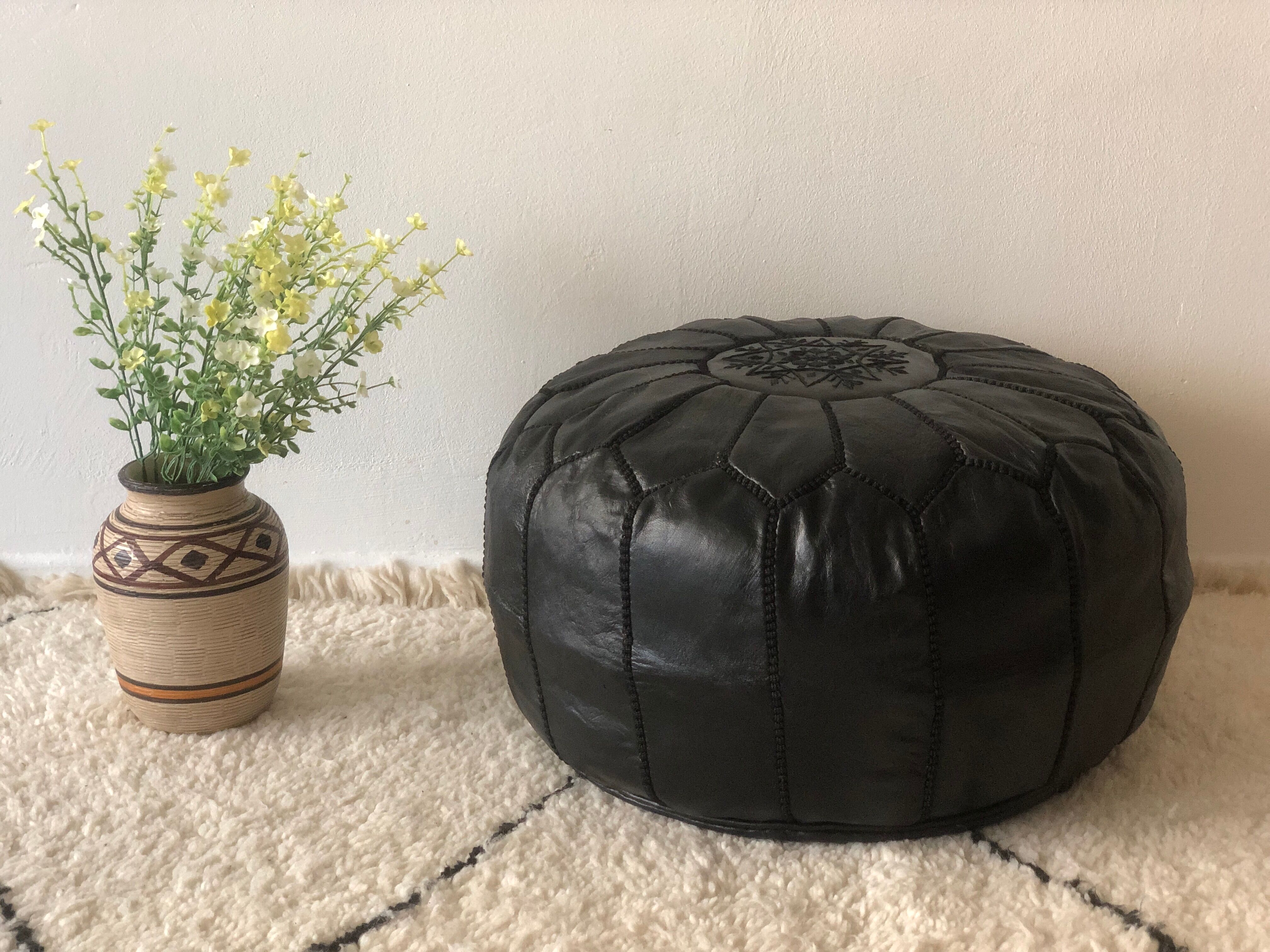 Contemporary leather full black pouf