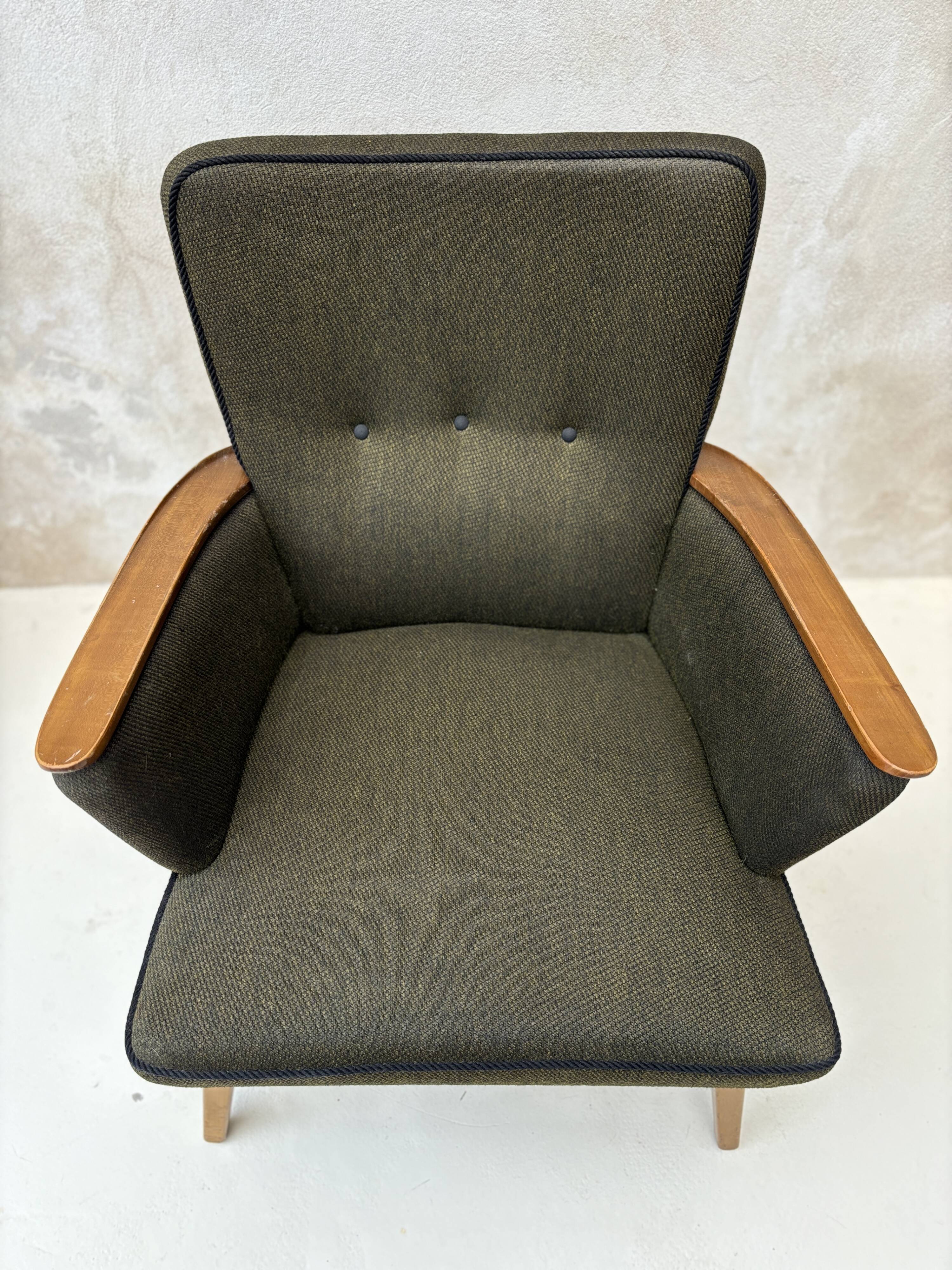Pair of vintage wooden and fabric armchairs from the 1960s.