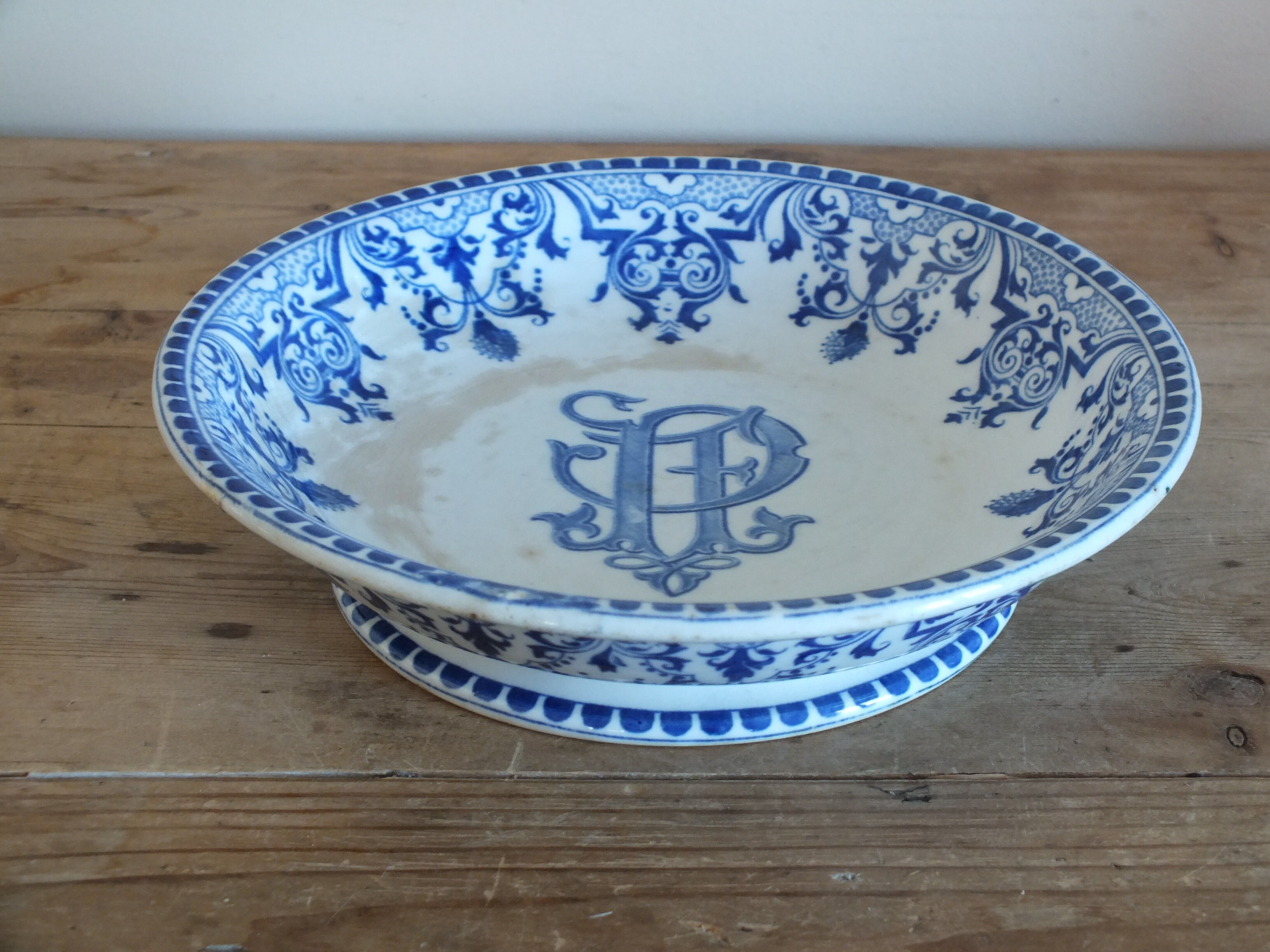 Old hollow cup on pedestal Gien decoration Rouen monogrammed