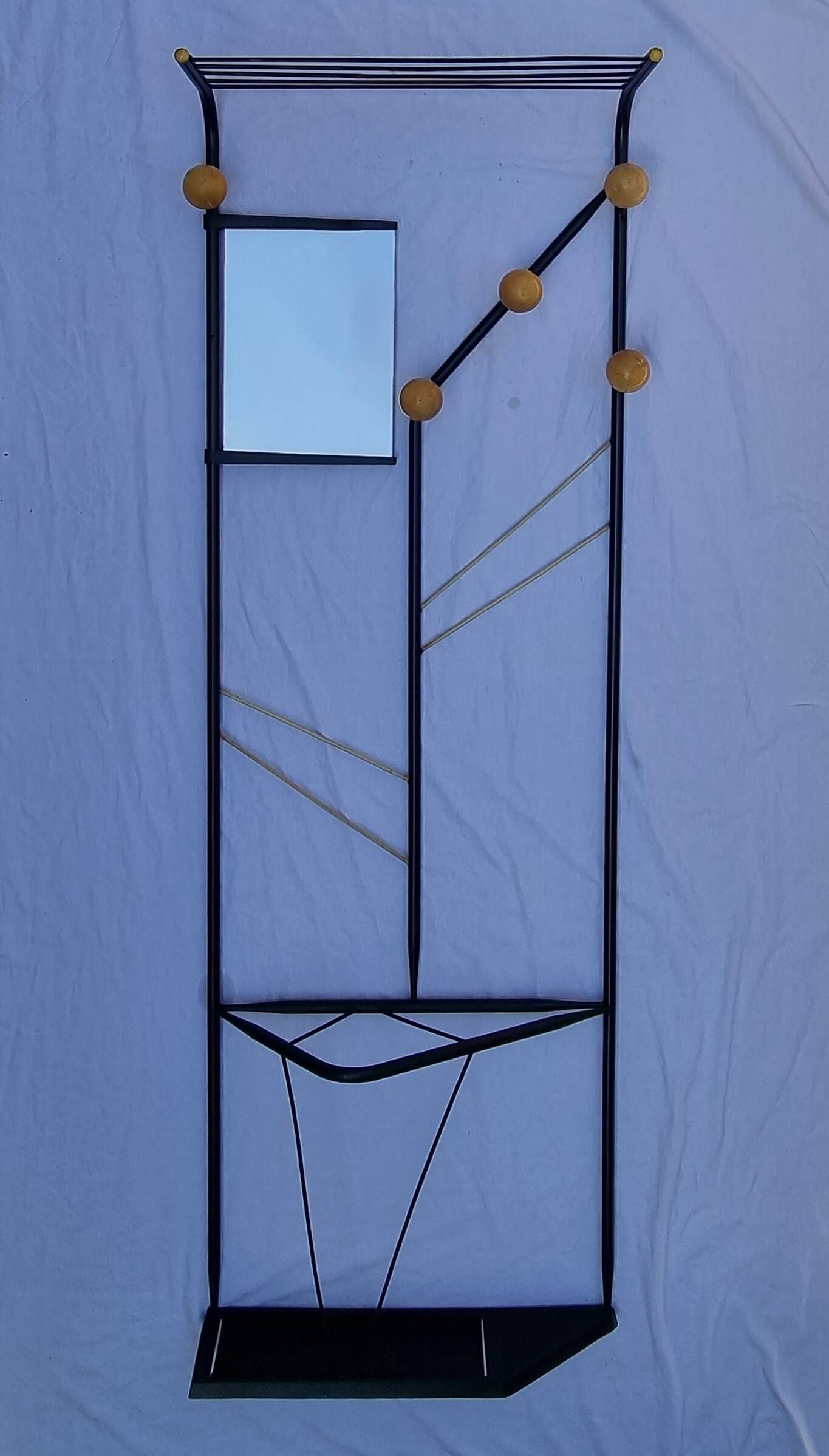 Postmodern entrance wardrobe from the 1980s in black metal and Bakelite, 180 cm.