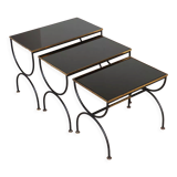 Vintage nesting tables in metal and black opaline glass 1950