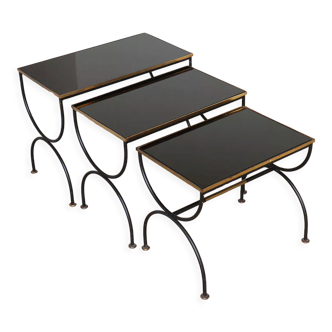 Vintage nesting tables in metal and black opaline glass 1950
