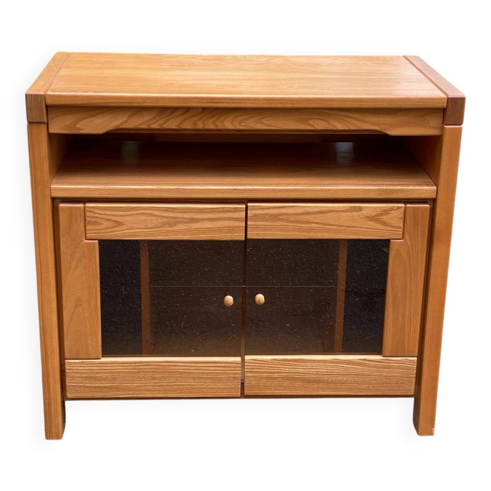 Glass-fronted Scandinavian oak sideboard from the 1980s.